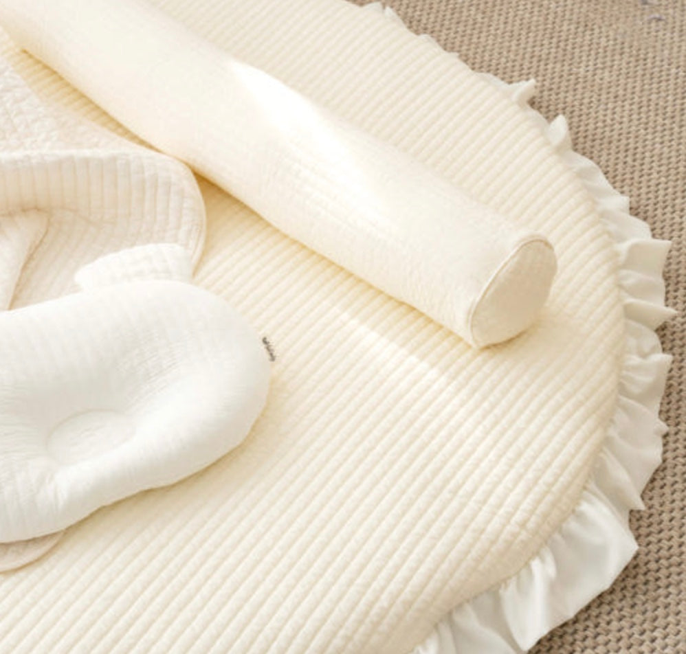 Rollbaby Soft Round Rug – Baby & Kids Playroom Mat, Ivory 110cm with Frill Edg