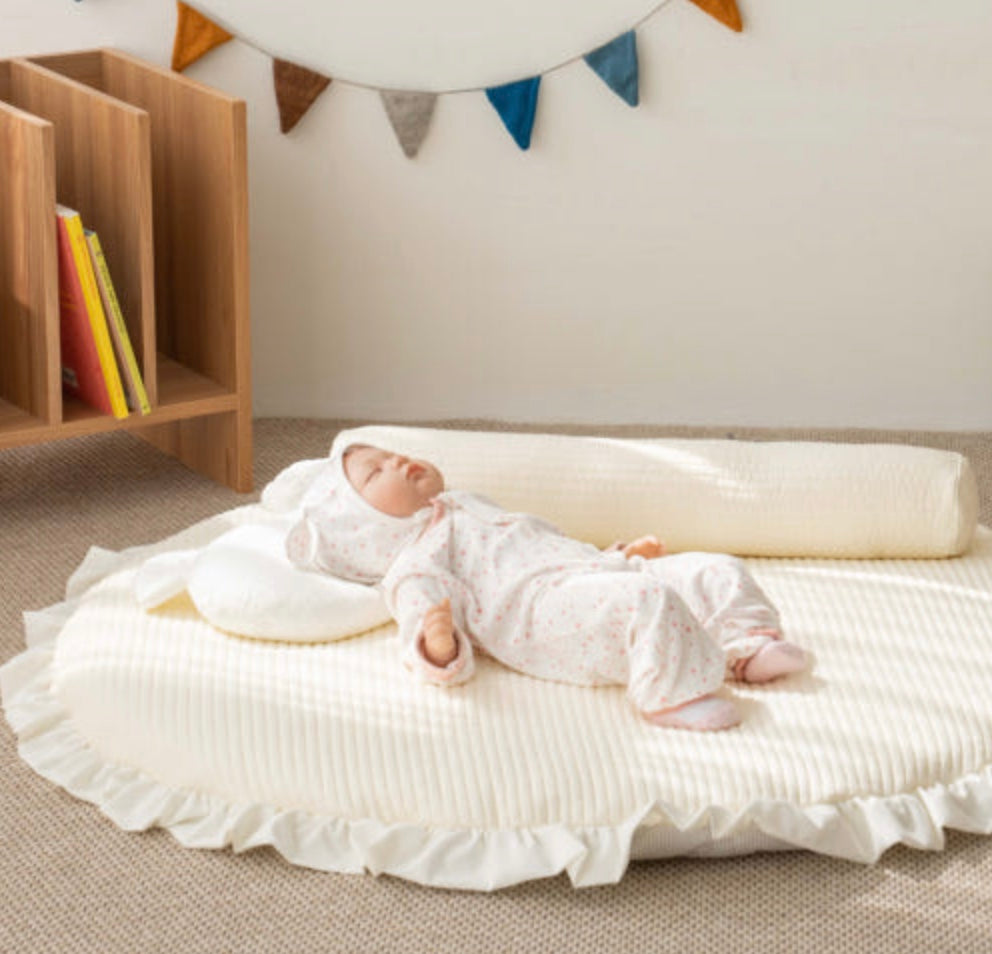 Rollbaby Soft Round Rug – Baby & Kids Playroom Mat, Ivory 110cm with Frill Edg