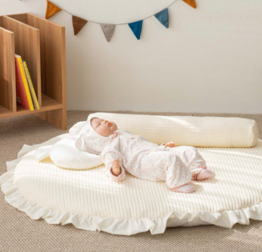 Rollbaby Soft Round Rug – Baby & Kids Playroom Mat, Ivory 110cm with Frill Edg